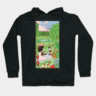 cottagecore illustration girl and cat picnic meadow Hoodie